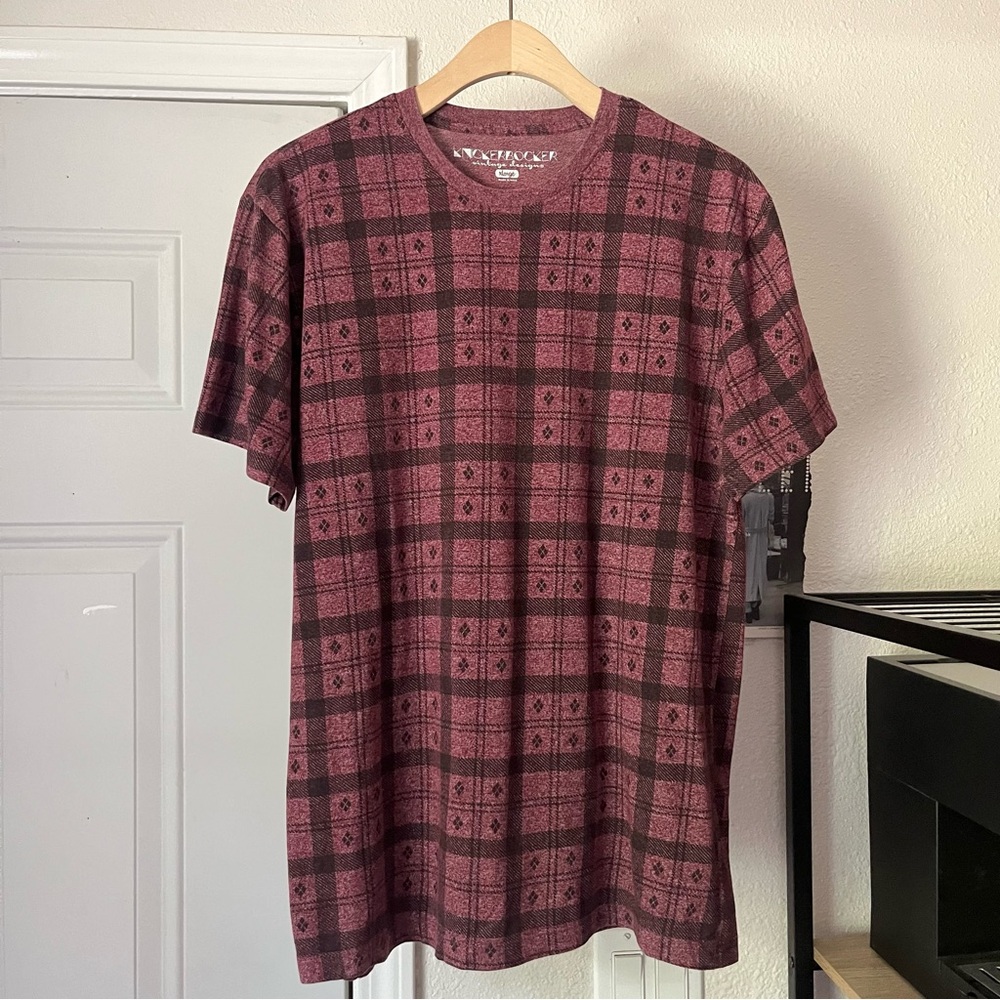 KNICKERBOCKER burgundy magenta red plaid cotton blend knit crew short sleeve tee